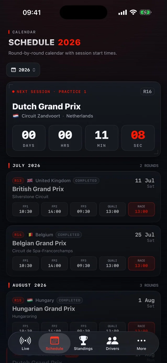 GridDash schedule with a countdown to the next session.