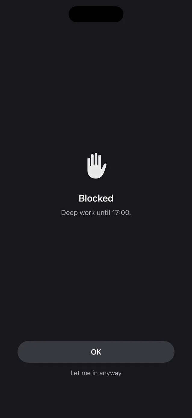 A blocked app showing Hardstop's shield until 17:00.