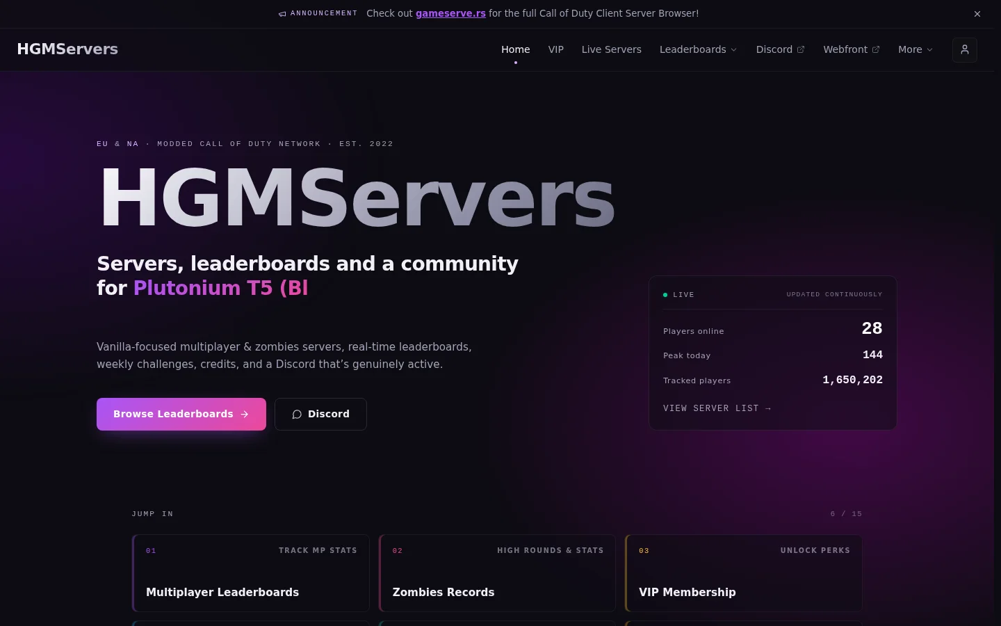 The HGMServers home page.