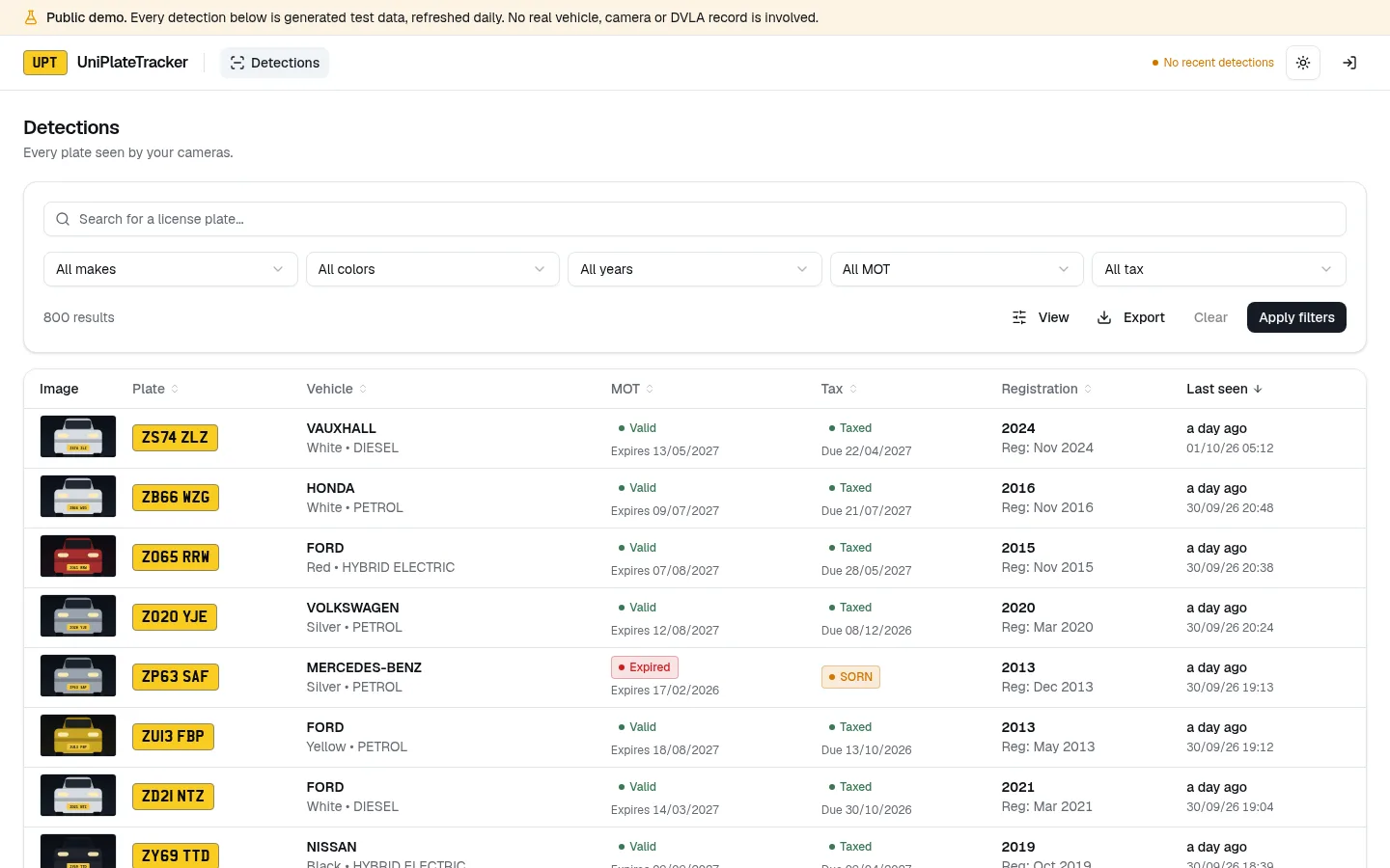 The UniPlateTracker demo with a table of detected plates.